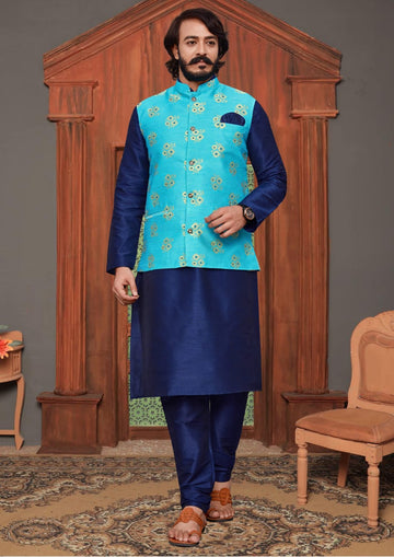 Blue Silk Mens Kurta Pajama Indian Wedding Party Wear Embroidery Kurtas