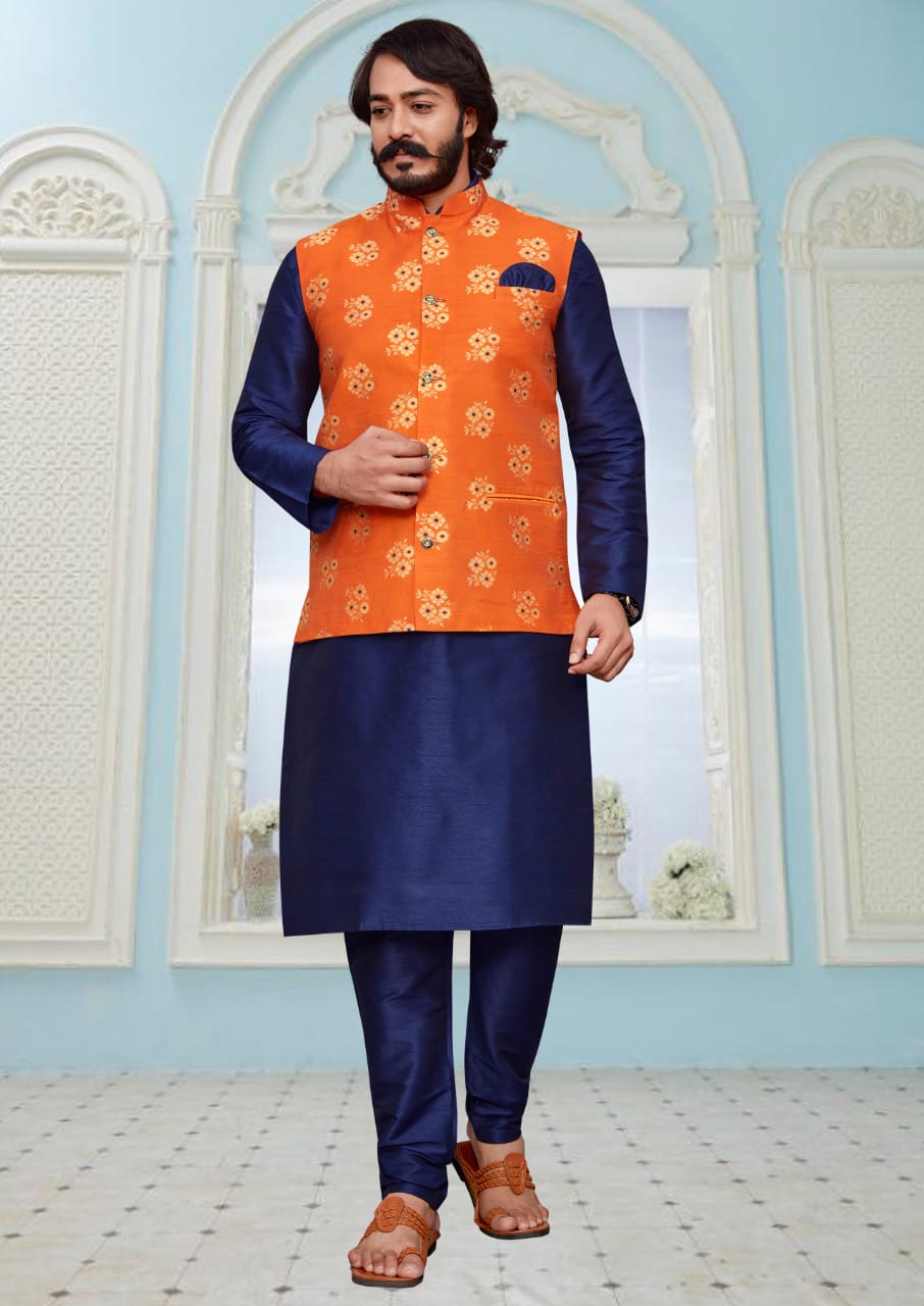 Blue Silk Mens Kurta Pajama Indian Wedding Party Wear Embroidery Kurtas