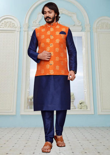 Blue Silk Mens Kurta Pajama Indian Wedding Party Wear Embroidery Kurtas