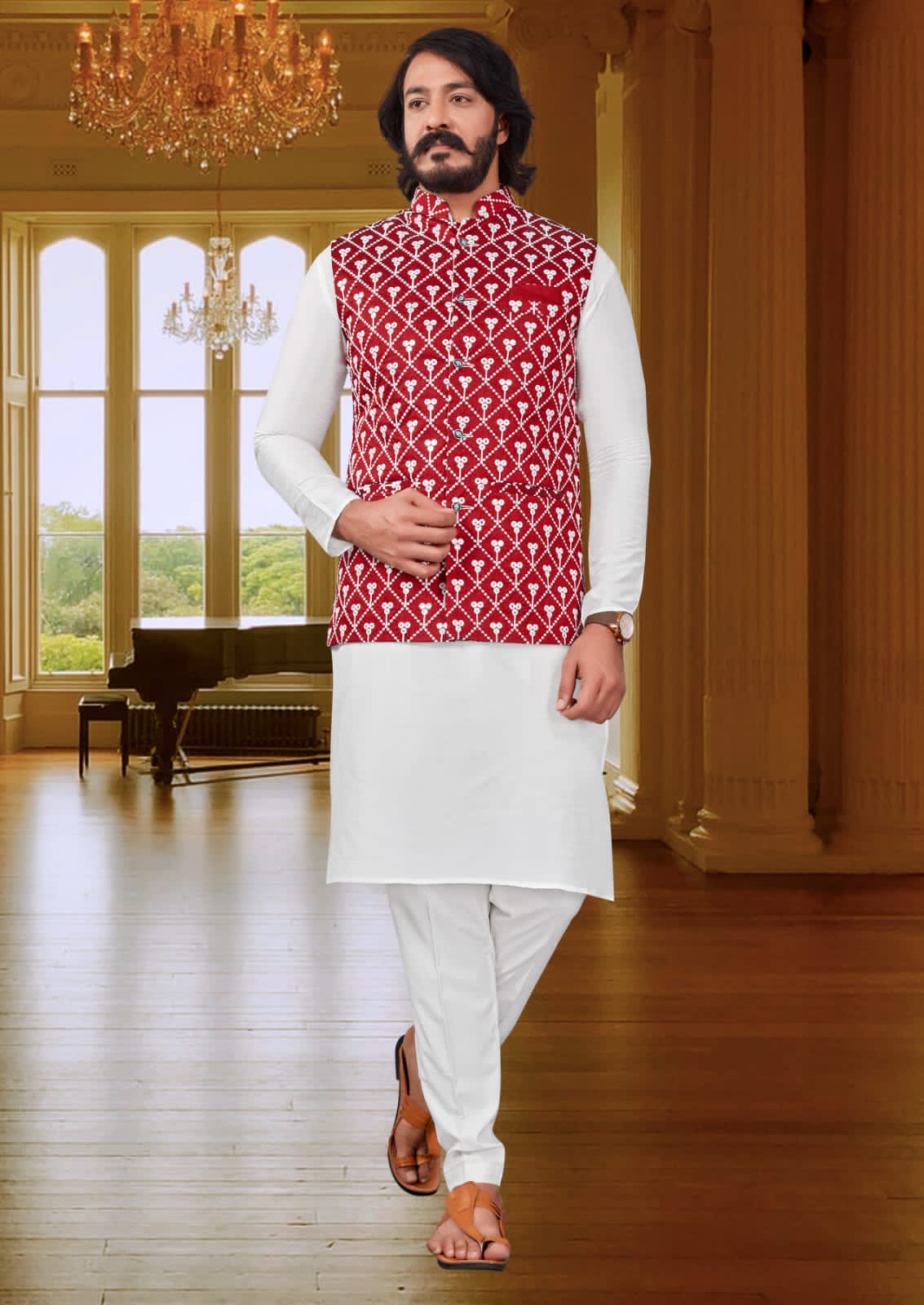 White Silk Mens Kurta Pajama Indian Wedding Party Wear Embroidery Kurtas