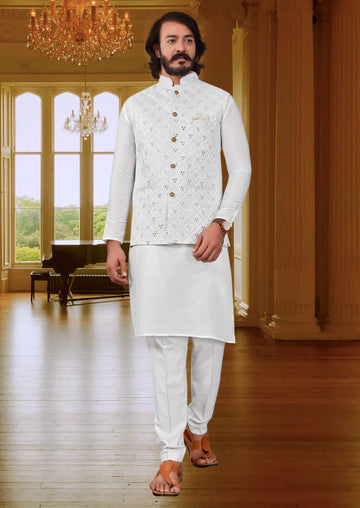 White Silk Mens Kurta Pajama Indian Wedding Party Wear Embroidery Kurtas