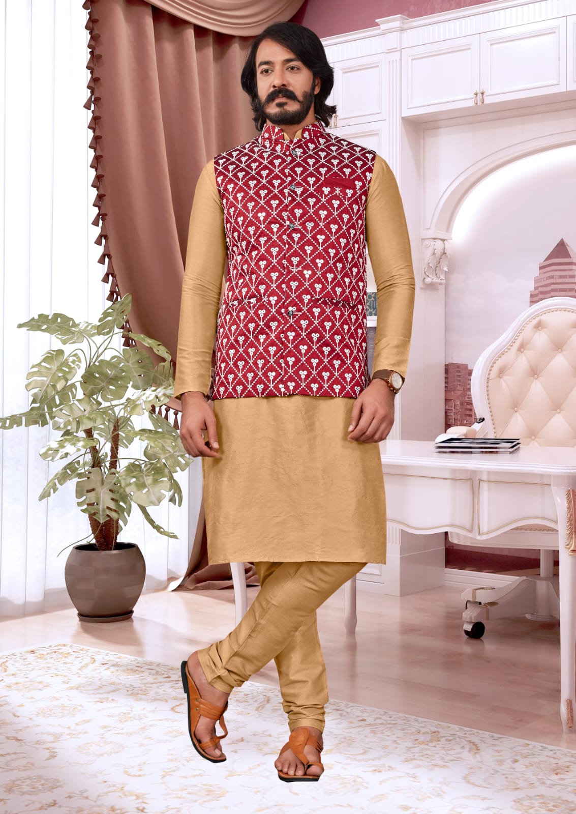 Beige Silk Mens Kurta Pajama Indian Wedding Party Wear Embroidery Kurtas