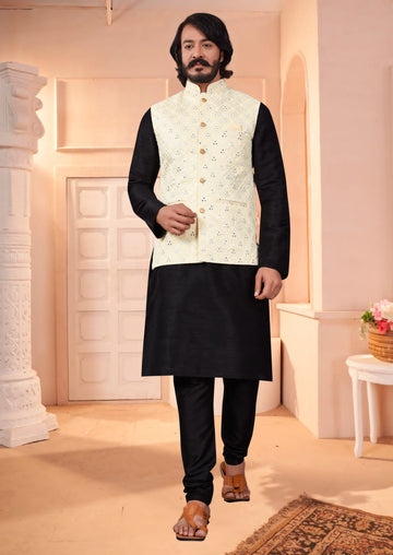 Black Silk Mens Kurta Pajama Indian Wedding Party Wear Embroidery Kurtas