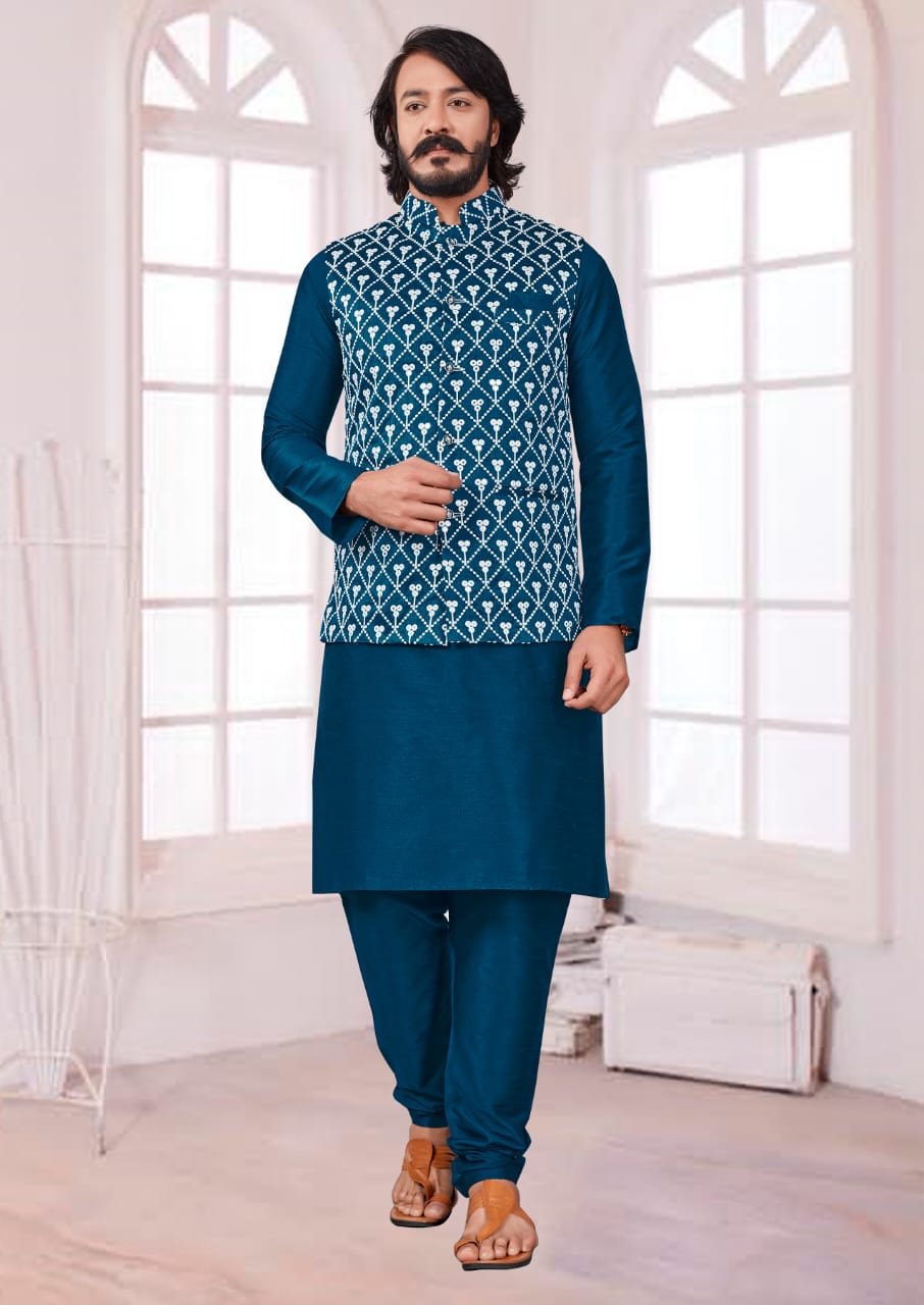 Teal Blue Silk Mens Kurta Pajama Indian Wedding Party Wear Embroidery Kurtas