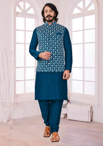 Teal Blue Silk Mens Kurta Pajama Indian Wedding Party Wear Embroidery Kurtas
