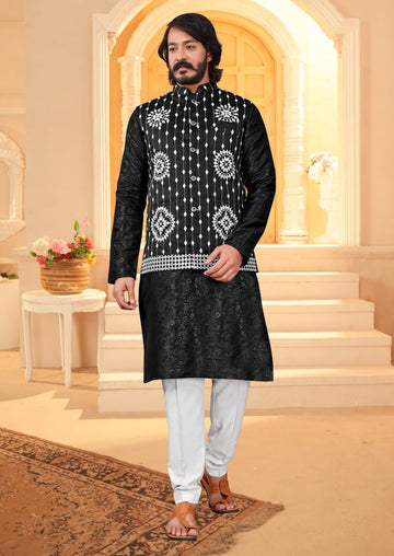 Black Silk Mens Kurta Pajama Indian Wedding Party Wear Embroidery Kurtas