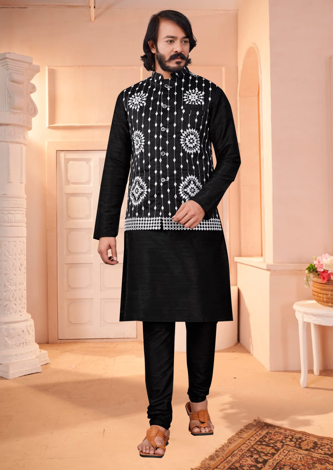 Black Silk Mens Kurta Pajama Indian Wedding Party Wear Embroidery Kurtas