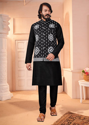 Black Silk Mens Kurta Pajama Indian Wedding Party Wear Embroidery Kurtas