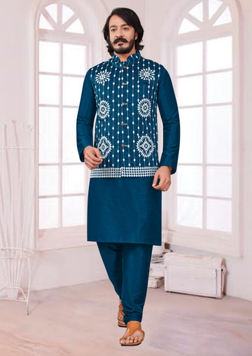 Blue Silk Mens Kurta Pajama Indian Wedding Party Wear Embroidery Kurtas