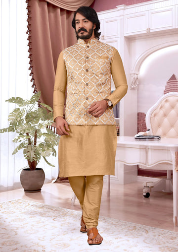 Beige Silk Mens Kurta Pajama Indian Wedding Party Wear Embroidery Kurtas