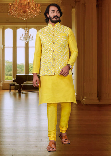 Yellow Silk Mens Kurta Pajama Indian Wedding Party Wear Embroidery Kurtas
