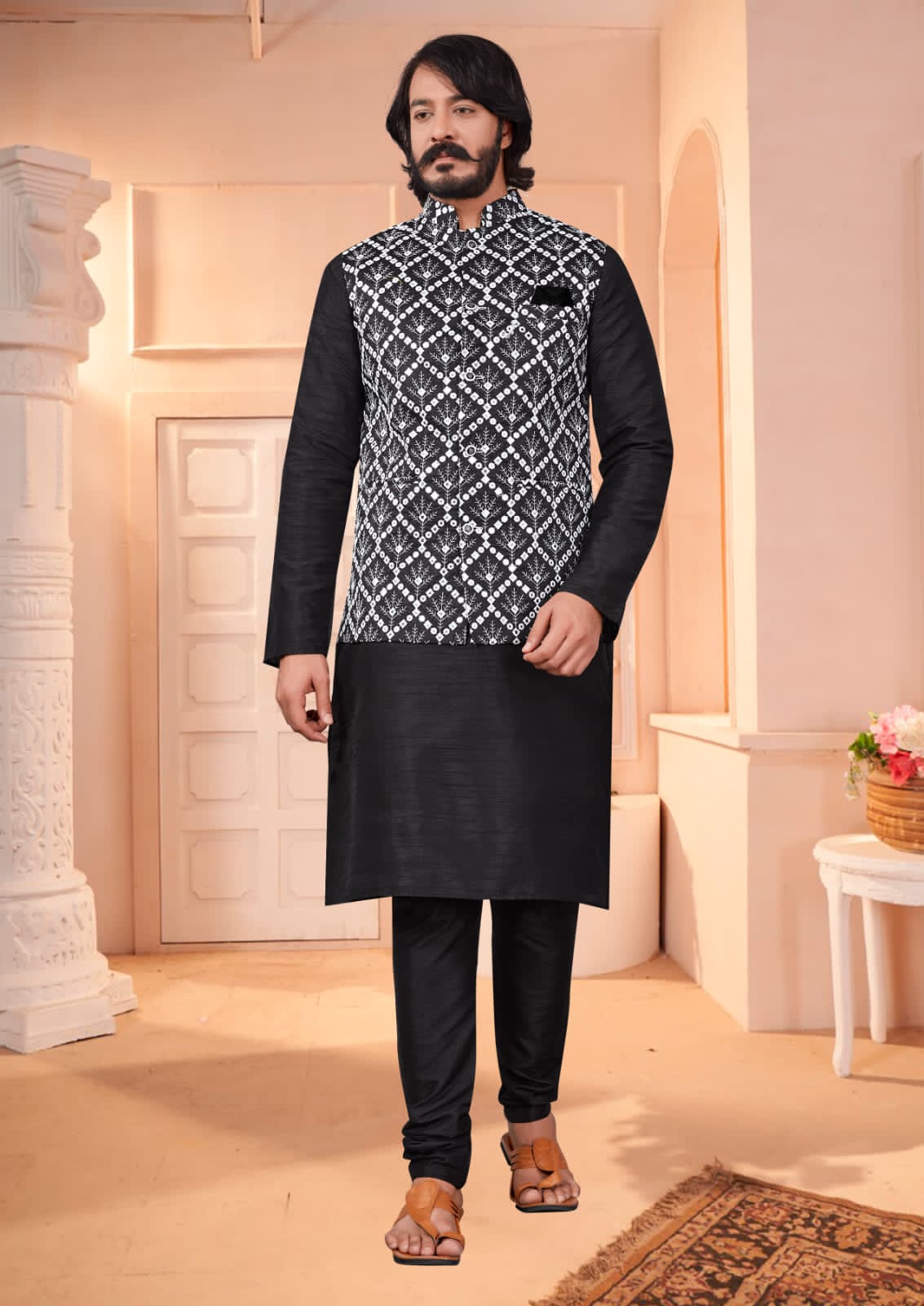 Black  Silk Mens Kurta Pajama Indian Wedding Party Wear Embroidery Kurtas
