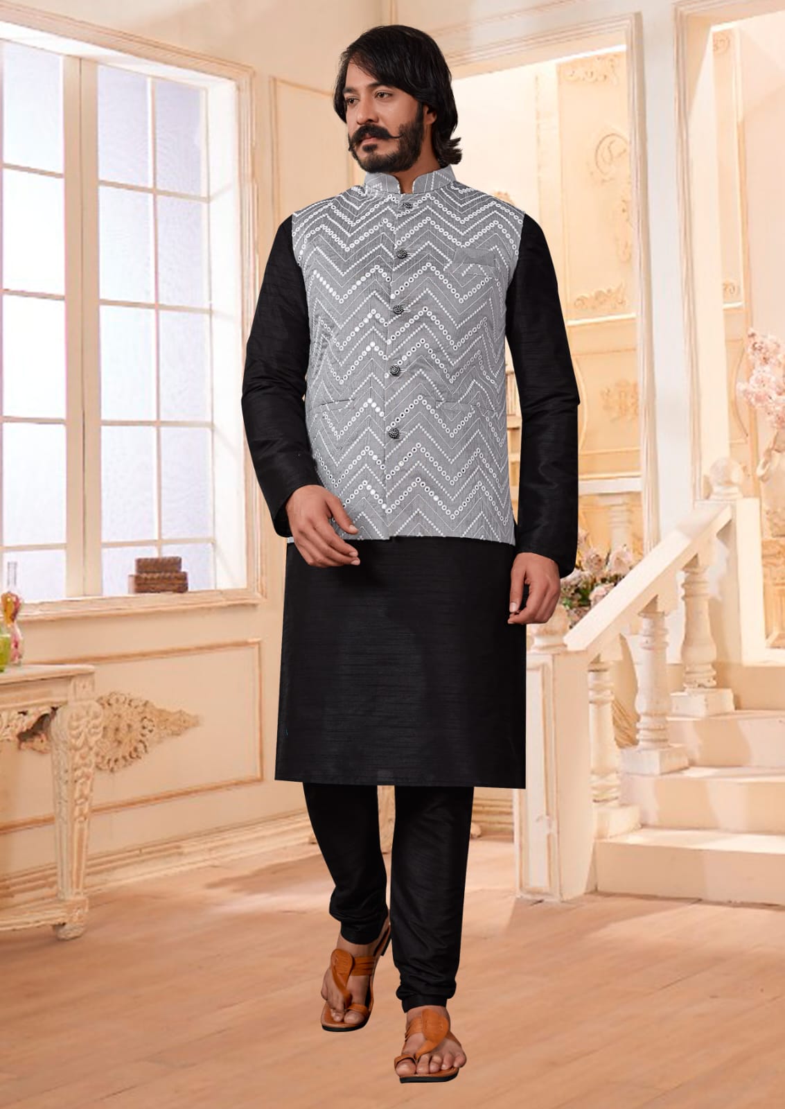 Black Silk Mens Kurta Pajama Indian Wedding Party Wear Embroidery Kurtas