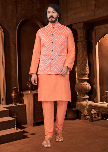 Orange  Silk Mens Kurta Pajama Indian Wedding Party Wear Embroidery Kurtas