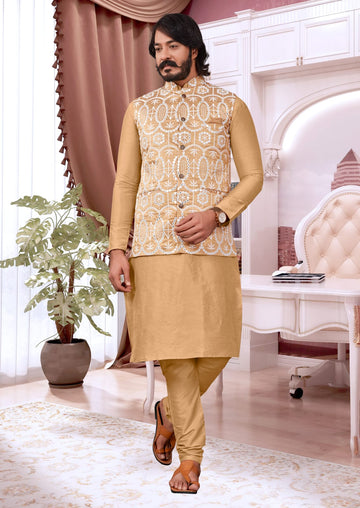 Beige  Silk Mens Kurta Pajama Indian Wedding Party Wear Embroidery Kurtas