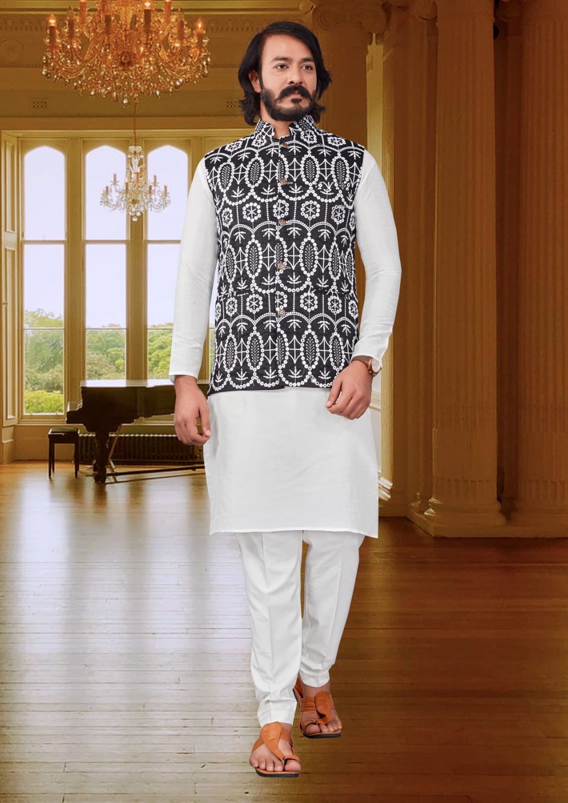 White Silk Mens Kurta Pajama Indian Wedding Party Wear Embroidery Kurtas