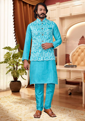 Sky Blue  Silk Mens Kurta Pajama Indian Wedding Party Wear Embroidery Kurtas