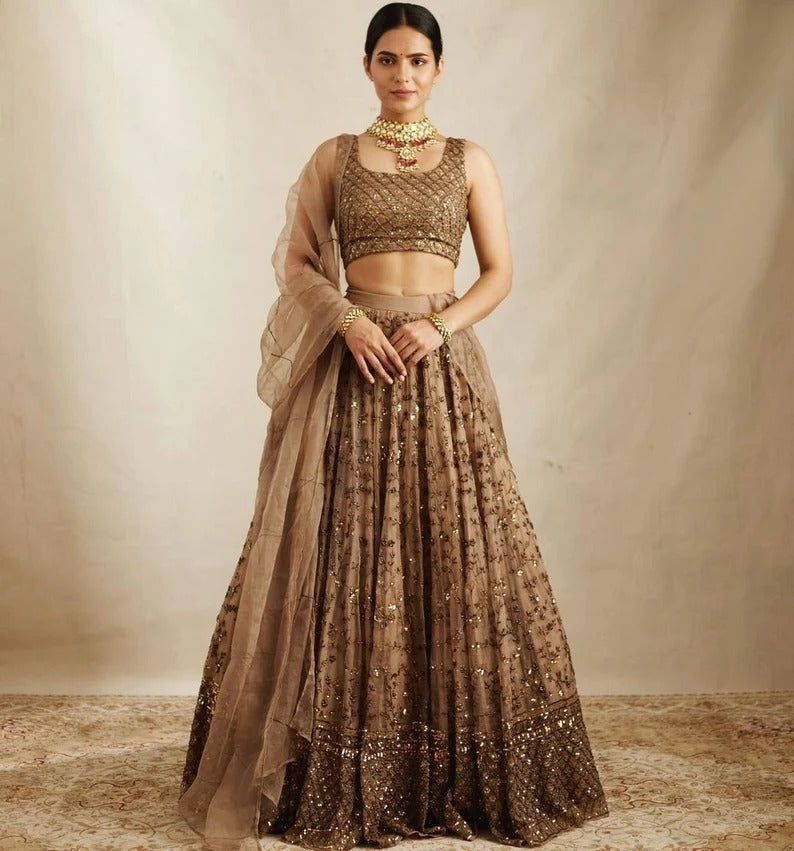 Cofee Printed With Foil  lehenga choli with Chanderi Cotton dupatta