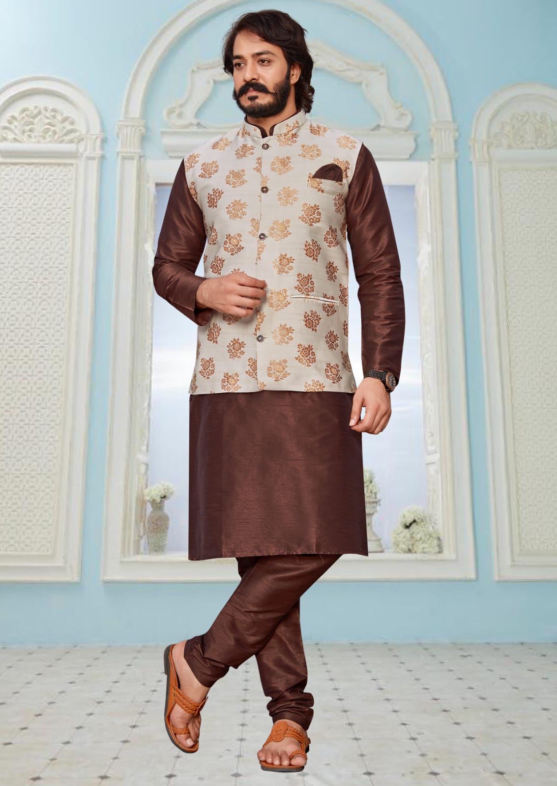 Coffee  Silk Mens Kurta Pajama Indian Wedding Party Wear Embroidery Kurtas