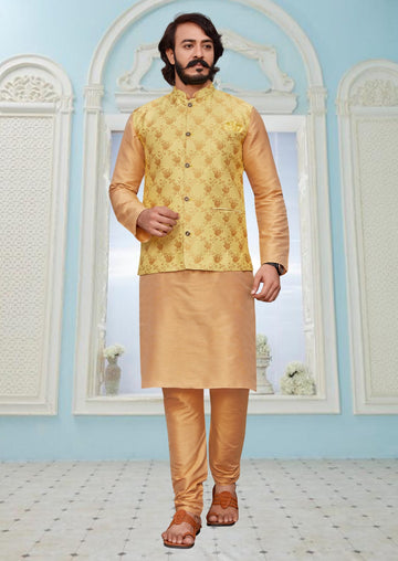 Beige Silk Mens Kurta Pajama Indian Wedding Party Wear Embroidery Kurtas