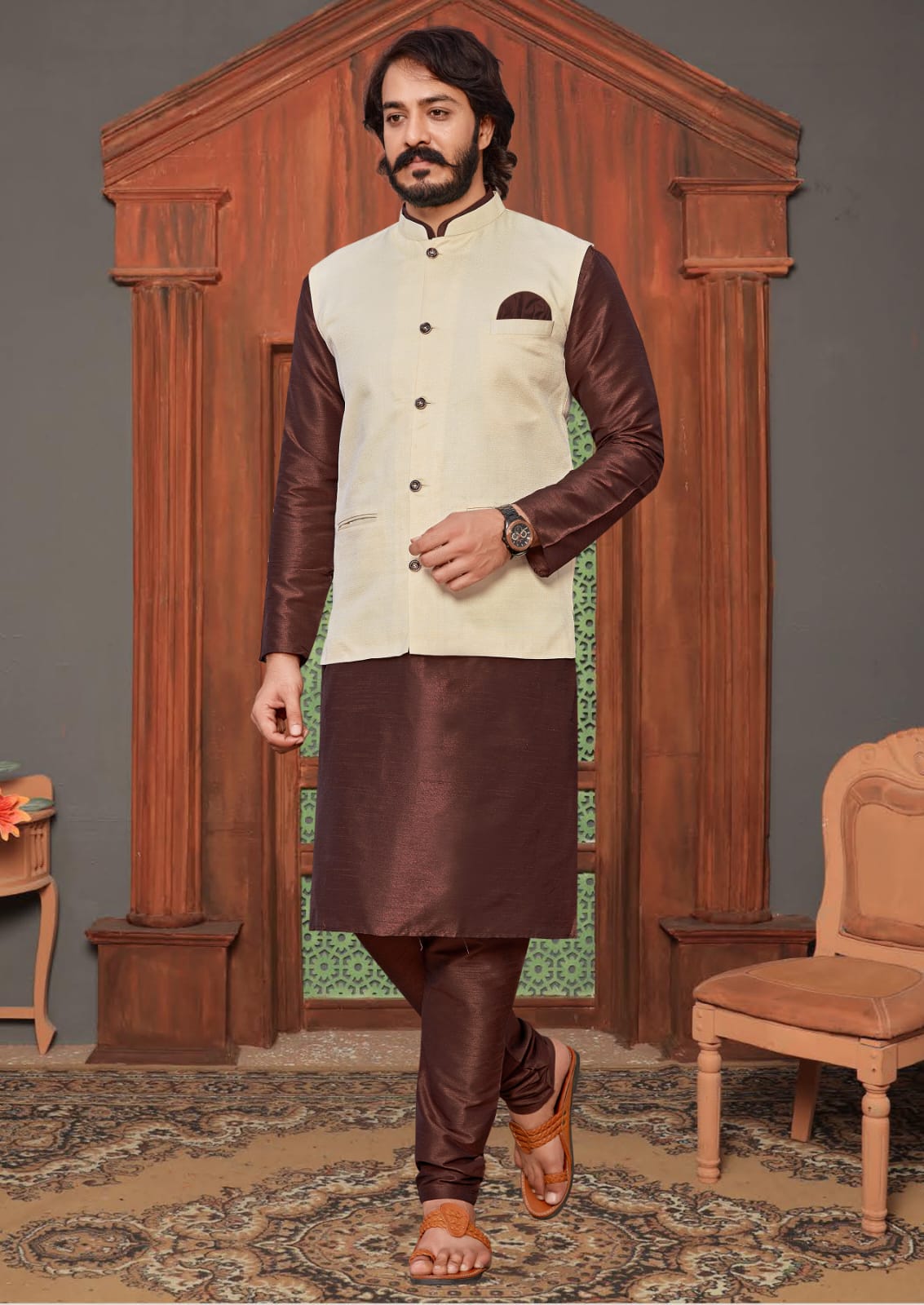 Coffee  Silk Mens Kurta Pajama Indian Wedding Party Wear Embroidery Kurtas