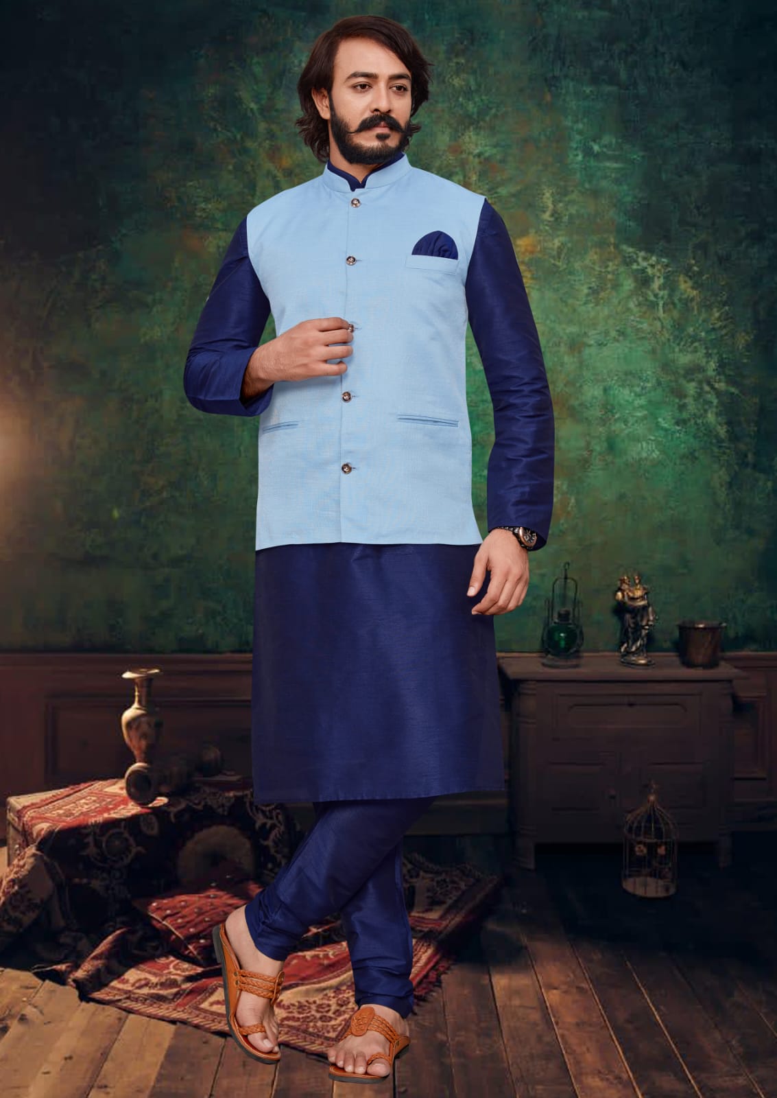 Blue Silk Mens Kurta Pajama Indian Wedding Party Wear Embroidery Kurtas