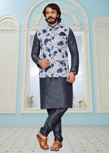 Grey Silk Mens Kurta Pajama Indian Wedding Party Wear Embroidery Kurtas