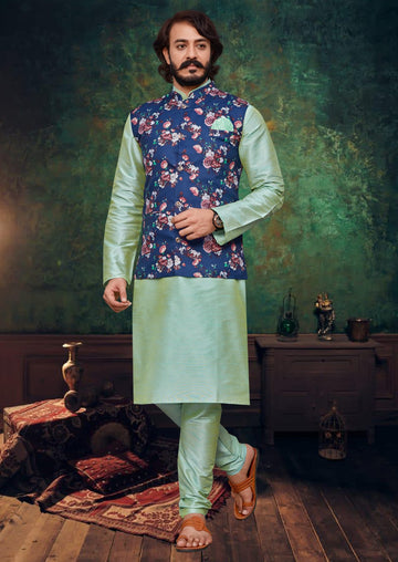 Pista Green Silk Mens Kurta Pajama Indian Wedding Party Wear Embroidery Kurtas