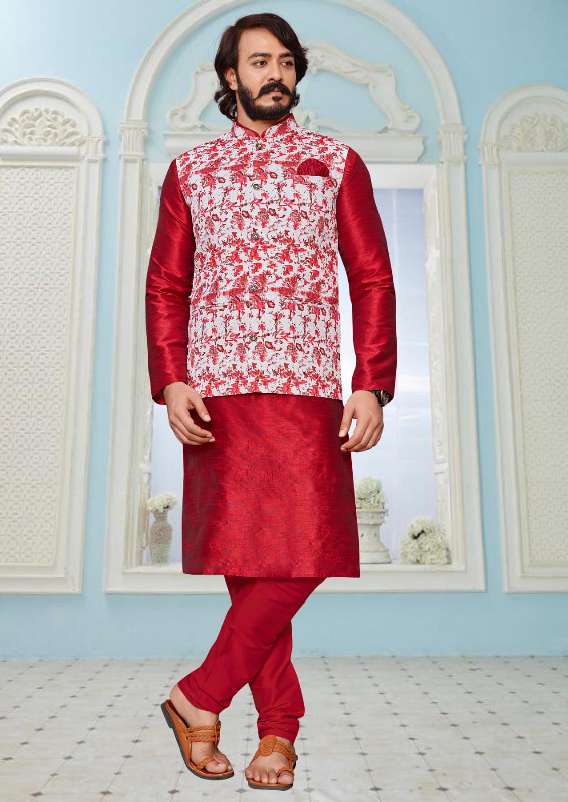Red Silk Mens Kurta Pajama Indian Wedding Party Wear Embroidery Kurtas