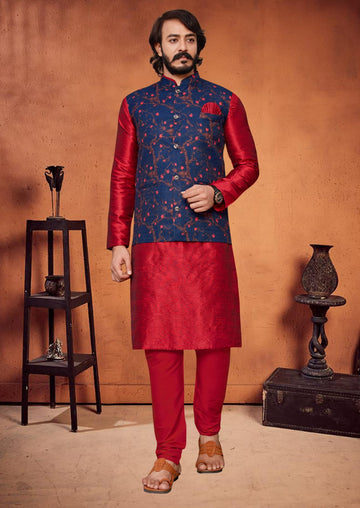 Red Silk Mens Kurta Pajama Indian Wedding Party Wear Embroidery Kurtas