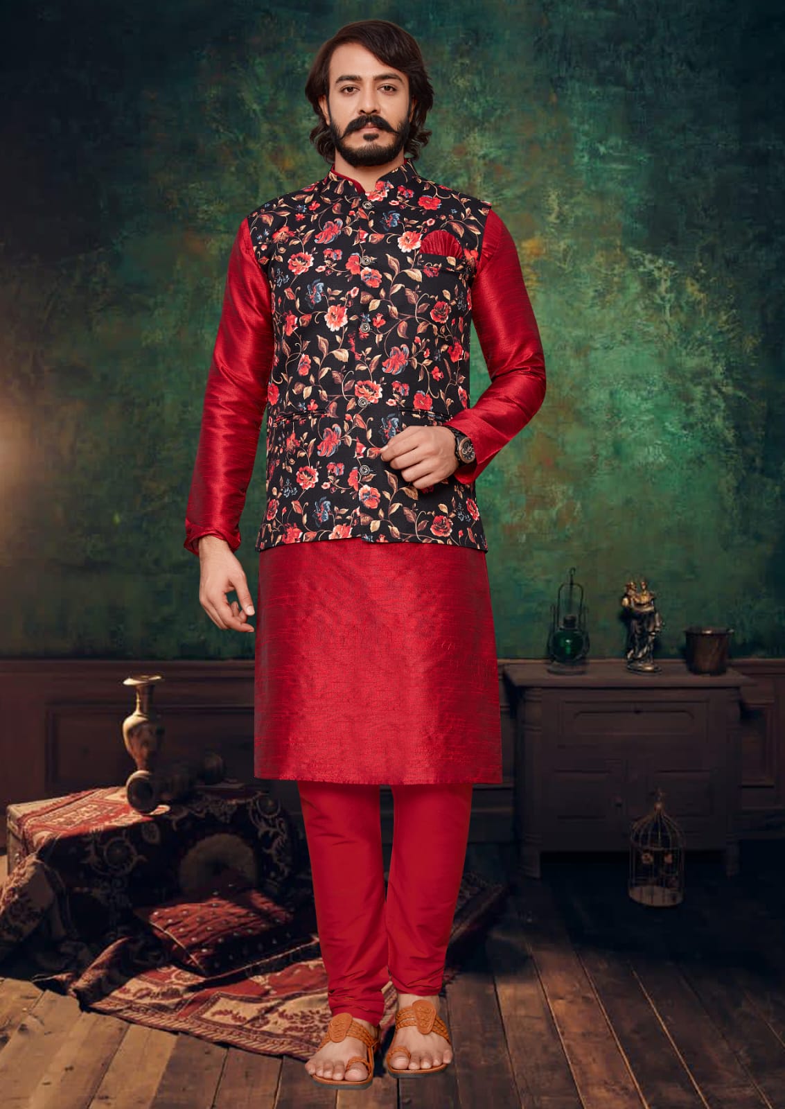 Red Silk Mens Kurta Pajama Indian Wedding Party Wear Embroidery Kurtas