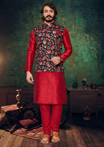 Red Silk Mens Kurta Pajama Indian Wedding Party Wear Embroidery Kurtas