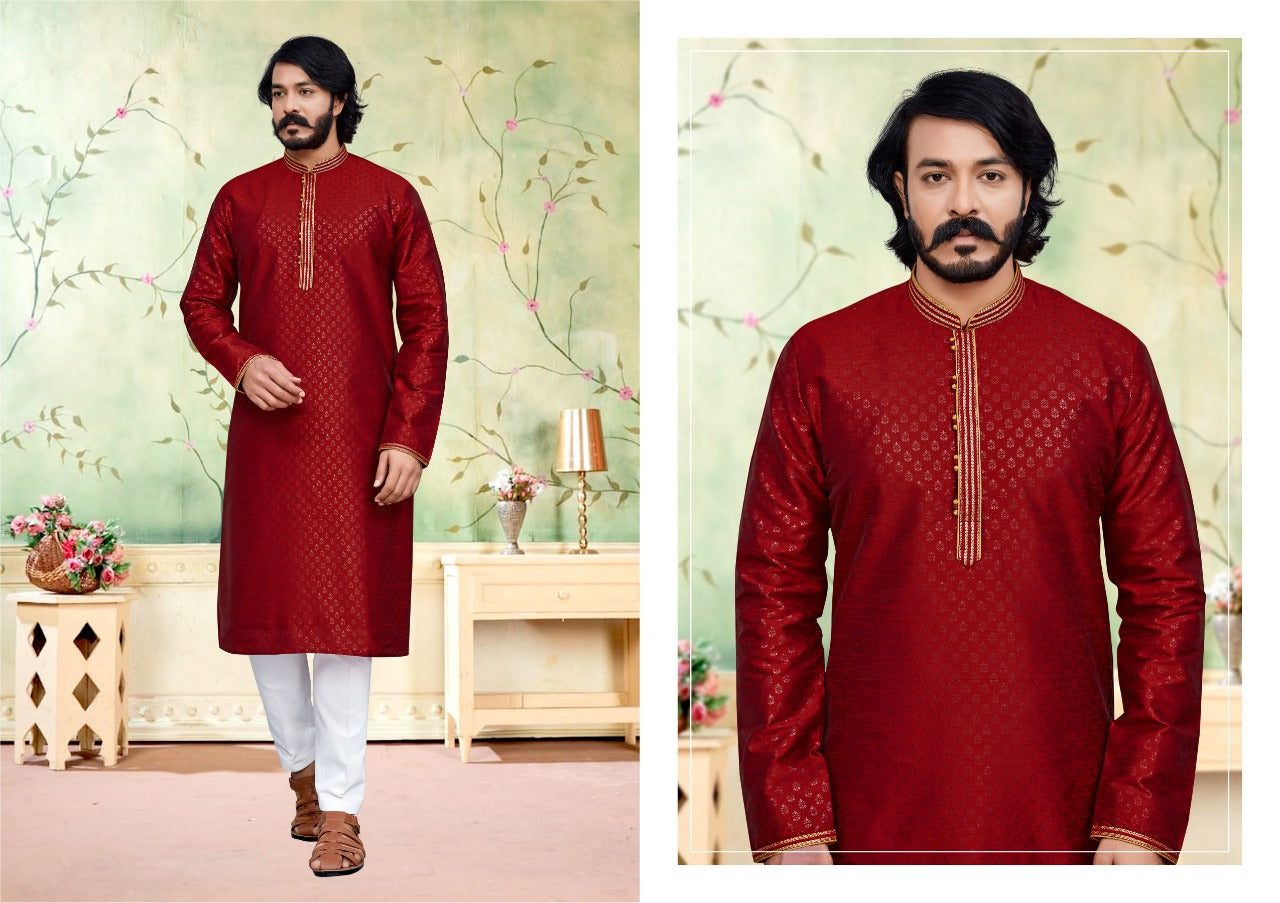 Red Silk Mens Kurta Pajama Indian Wedding Party Wear Embroidery Kurtas