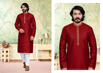 Red Silk Mens Kurta Pajama Indian Wedding Party Wear Embroidery Kurtas