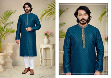 Blue Silk Mens Kurta Pajama Indian Wedding Party Wear Embroidery Kurtas