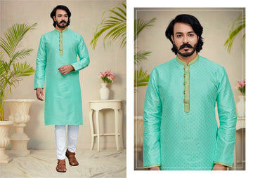 Sky Blue Silk Mens Kurta Pajama Indian Wedding Party Wear Embroidery Kurtas