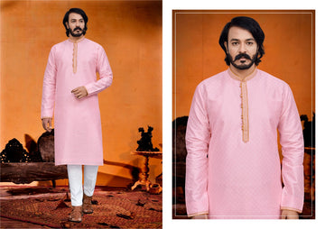 Pink Silk Mens Kurta Pajama Indian Wedding Party Wear Embroidery Kurtas