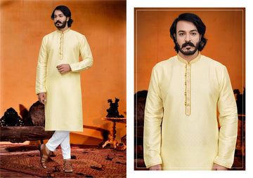 Yellow  Silk Mens Kurta Pajama Indian Wedding Party Wear Embroidery Kurtas