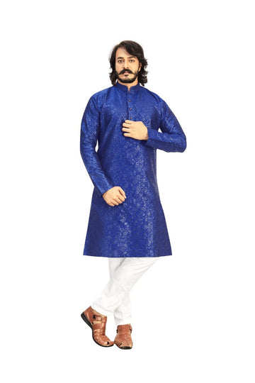 Blue Silk Mens Kurta Pajama Indian Wedding Party Wear Embroidery Kurtas