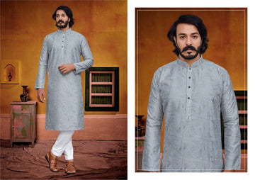 Grey Silk Mens Kurta Pajama Indian Wedding Party Wear Embroidery Kurtas