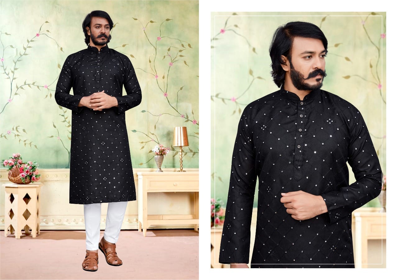 Black  Silk Mens Kurta Pajama Indian Wedding Party Wear Embroidery Kurtas