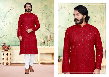 Red   Silk Mens Kurta Pajama Indian Wedding Party Wear Embroidery Kurtas
