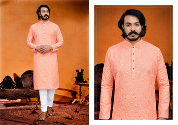 Peach  Silk Mens Kurta Pajama Indian Wedding Party Wear Embroidery Kurtas