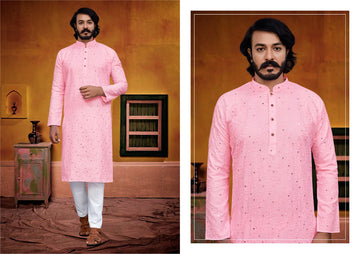 Pink  Silk Mens Kurta Pajama Indian Wedding Party Wear Embroidery Kurtas