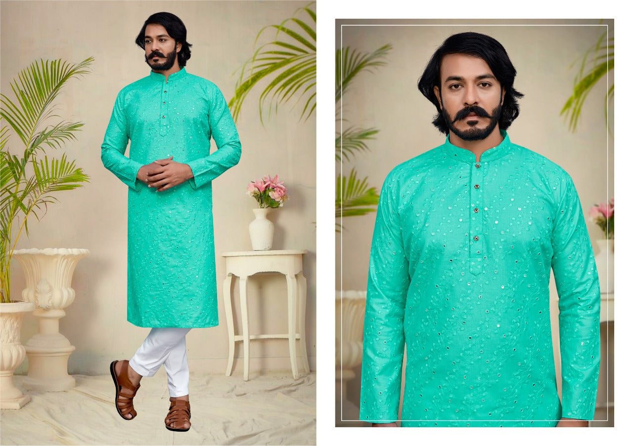 Sky Blue Silk Mens Kurta Pajama Indian Wedding Party Wear Embroidery Kurtas