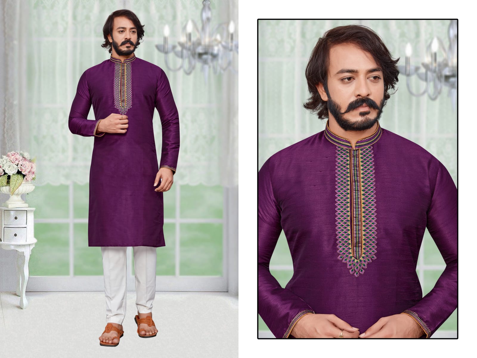 Purple Silk Mens Kurta Pajama Indian Wedding Party Wear Embroidery Kurtas