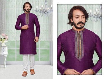 Purple Silk Mens Kurta Pajama Indian Wedding Party Wear Embroidery Kurtas