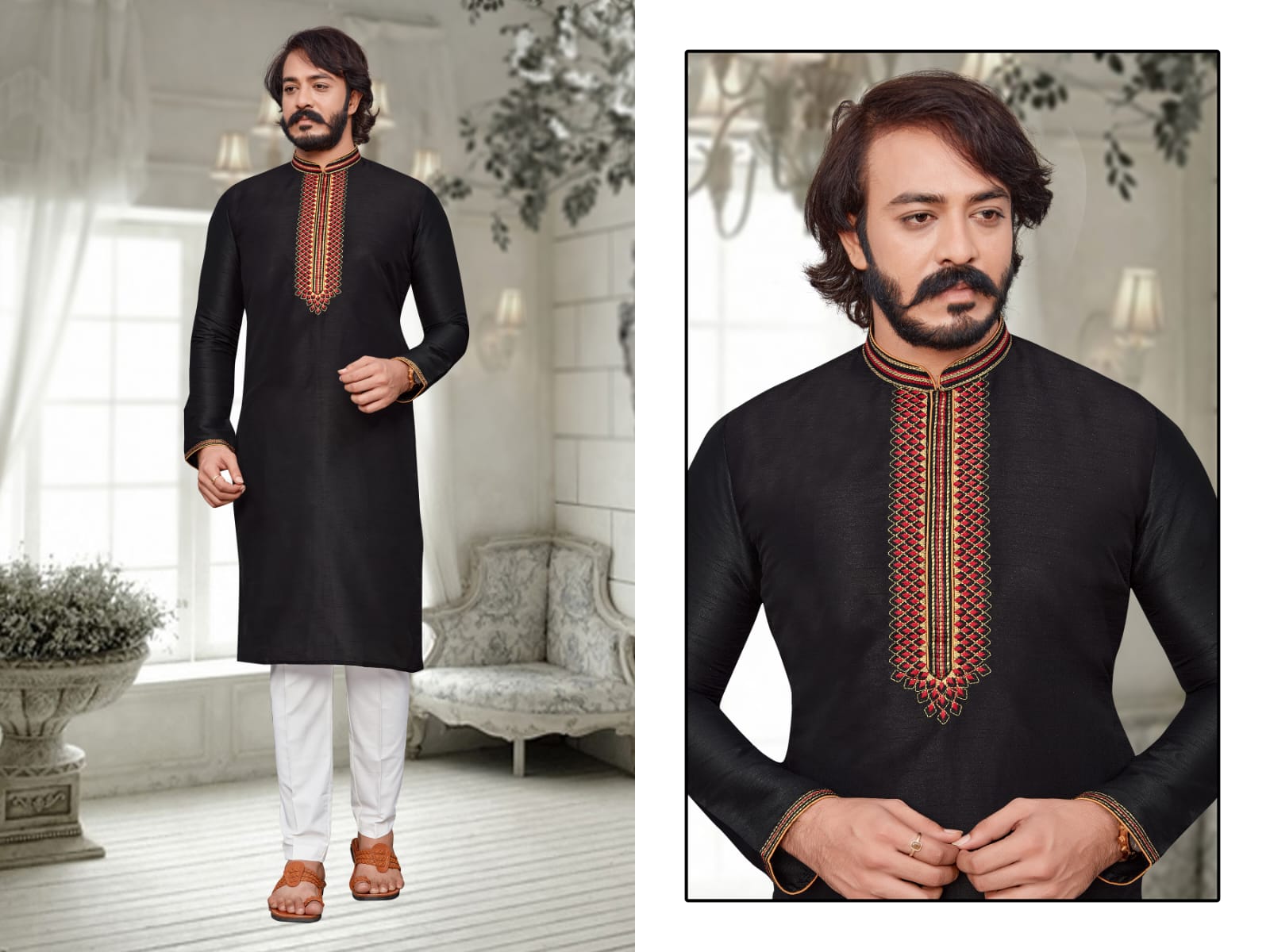 Black Silk Mens Kurta Pajama Indian Wedding Party Wear Embroidery Kurtas