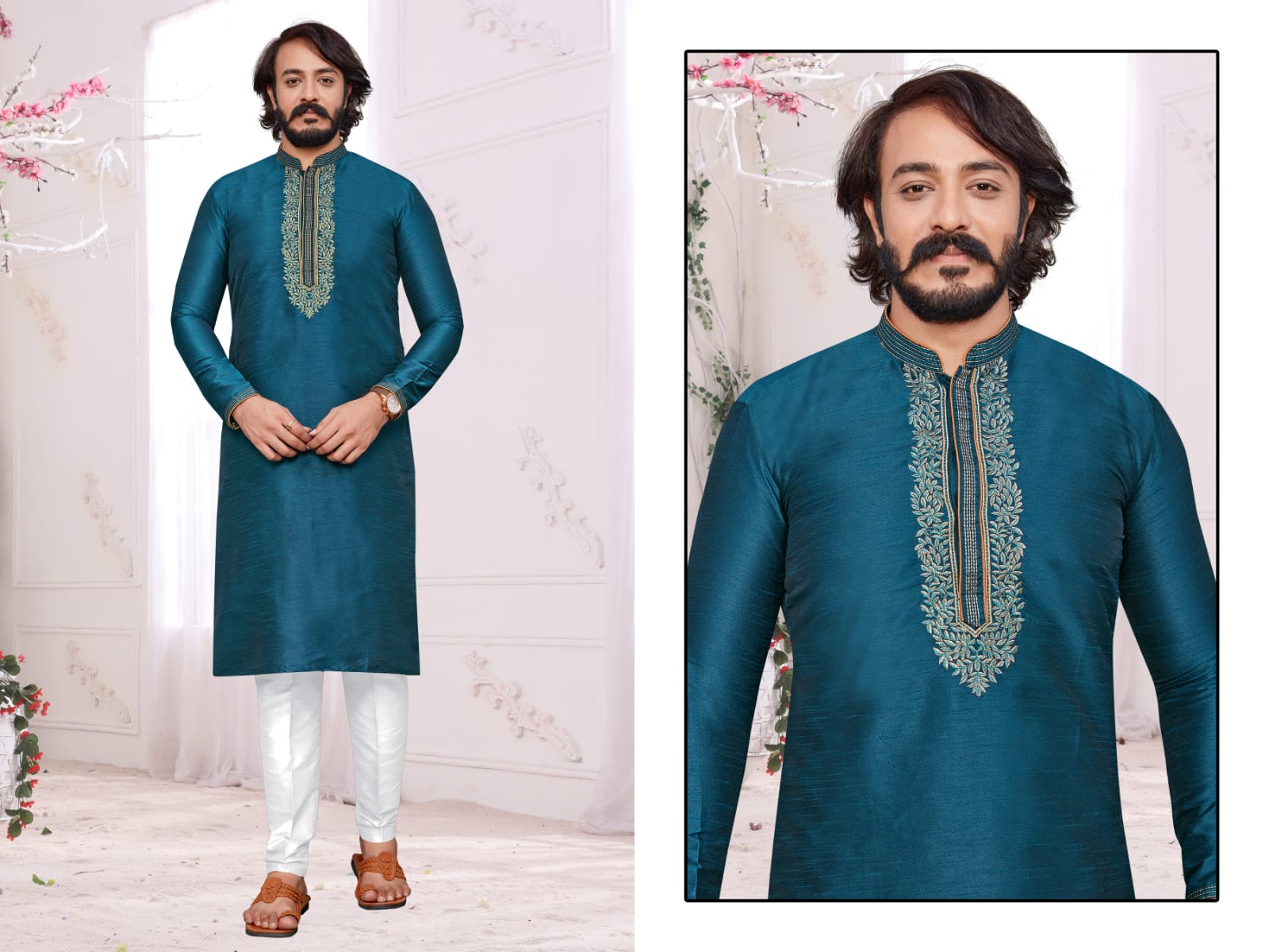 Teal Blue Silk Mens Kurta Pajama Indian Wedding Party Wear Embroidery Kurtas
