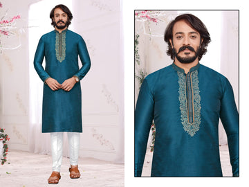 Teal Blue Silk Mens Kurta Pajama Indian Wedding Party Wear Embroidery Kurtas